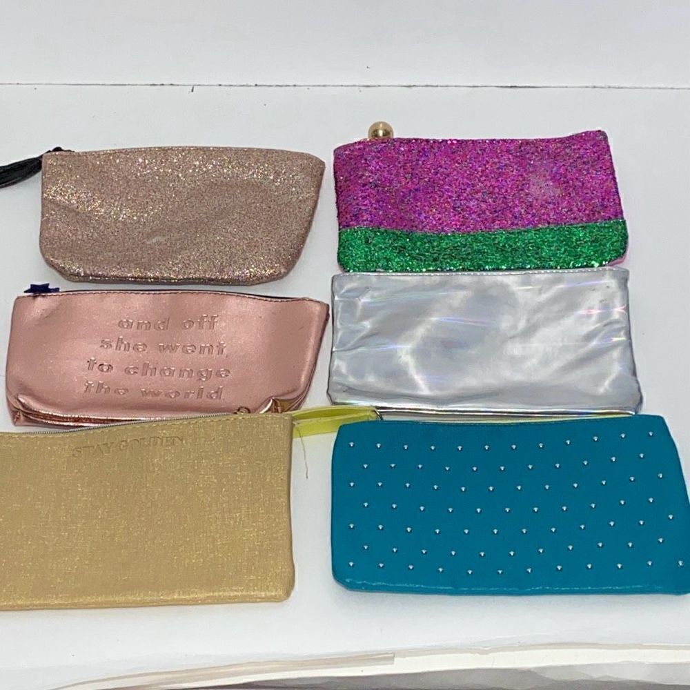 Ipsy Glam Bag Lot 6 Makeup Pouches Rose Gold Teal Studded Silver Holographic Set